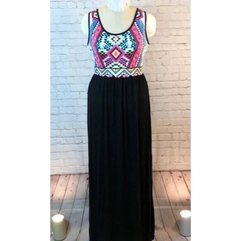 NWT Meaneor Maxi Dress Sleeveless Multicolored Print Top Black Skirt XL